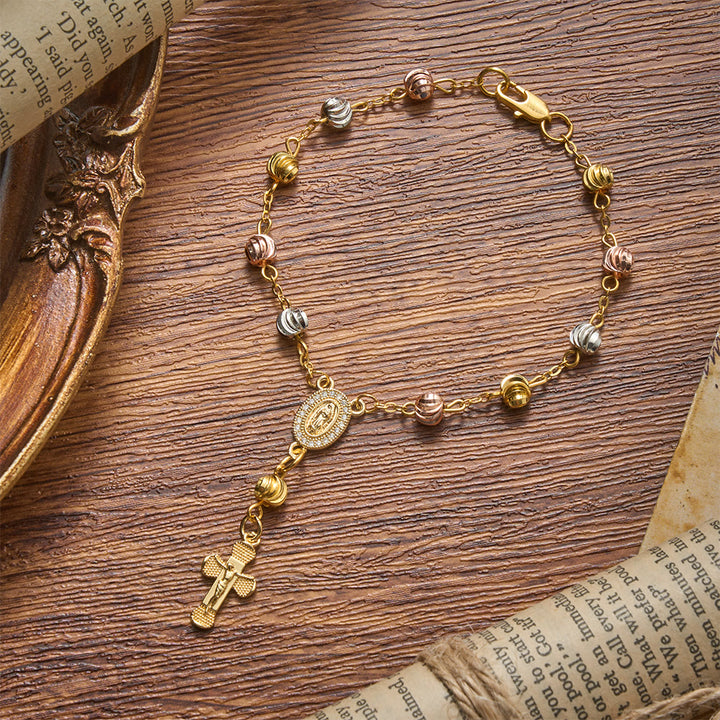 Christianartworkshop Pulsera delicada con cuentas texturizadas y crucifijo de Nuestra Señora de Guadalupe: Portadora de la gracia sagrada perdurable. - Nuestra Señora y Crucifijo A - image 0