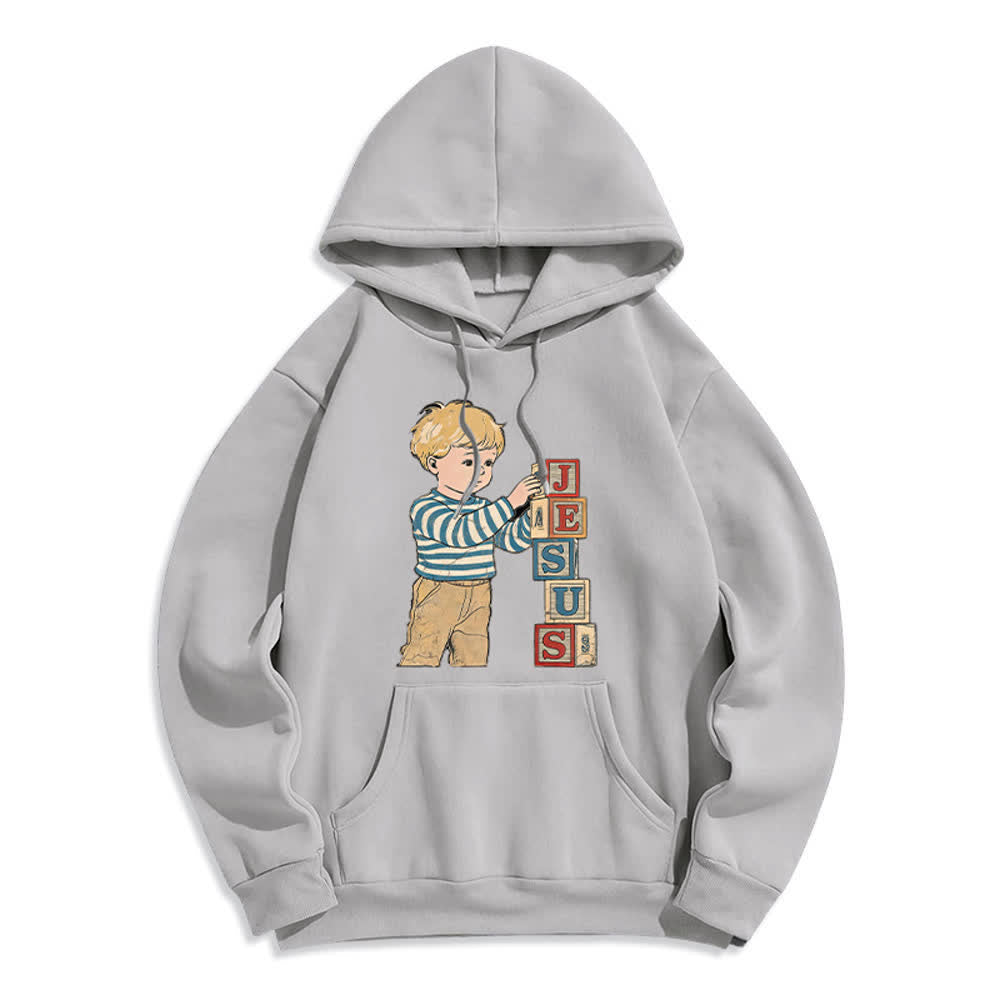Christianartworkshop Sudadera con capucha forrada de felpa con estampado de bloques de Jesús de estilo vintage. - Gris - 2XL - image 1