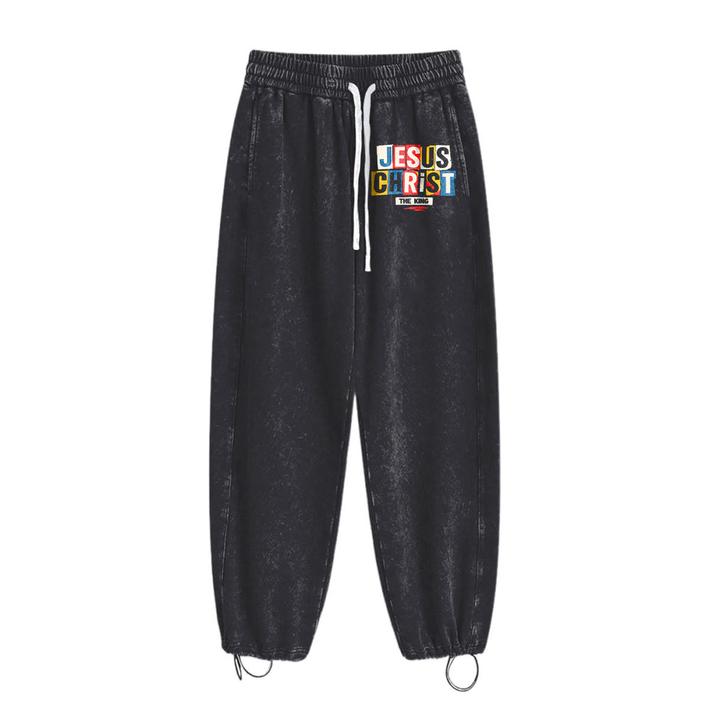 Christianartworkshop Pantalones deportivos retro multicolores con estampado de Jesucristo Rey. - image 1