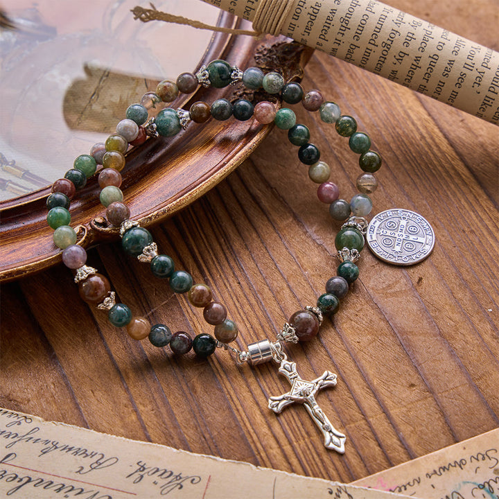 Christianartworkshop Pulsera de San Benito y Crucifijo de Cristal Milagroso: Portador de la Fuerza Sagrada - Ágata de la India y San Benito - image 0