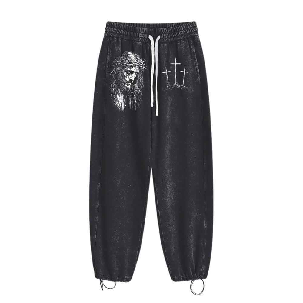 Christianartworkshop Pantalones deportivos lavados con estampado de Jesús con tres cruces estilo vintage - image 1