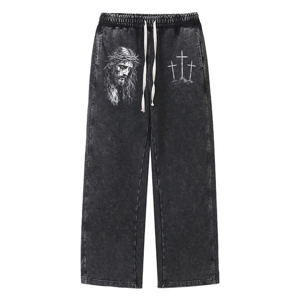Christianartworkshop Pantalones deportivos lavados con estampado de Jesús con tres cruces estilo vintage - Negro - 2XL - image 0