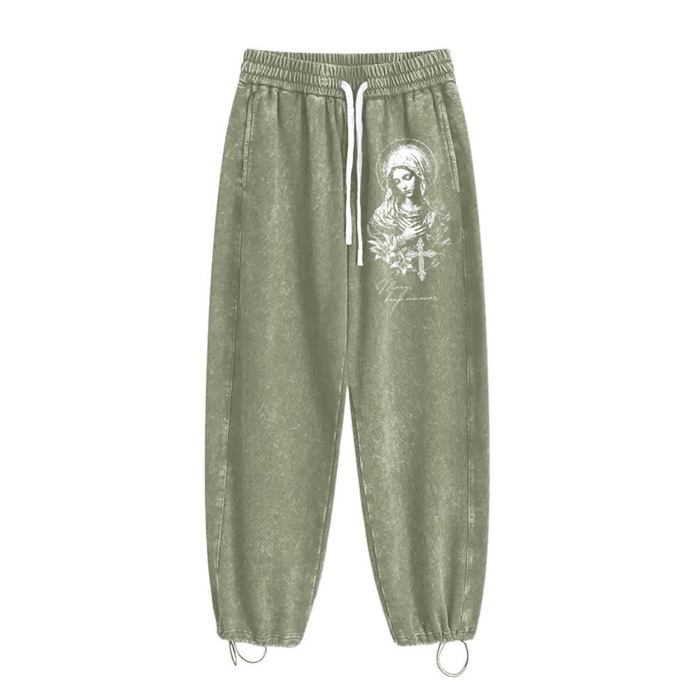 Christianartworkshop Pantalones deportivos lavados con estampado floral y cruz de Mary estilo vintage - image 1