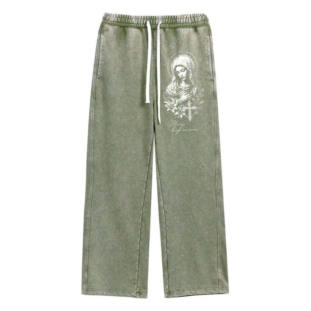 Christianartworkshop Pantalones deportivos lavados con estampado floral y cruz de Mary estilo vintage - Verde militar - XL - image 0