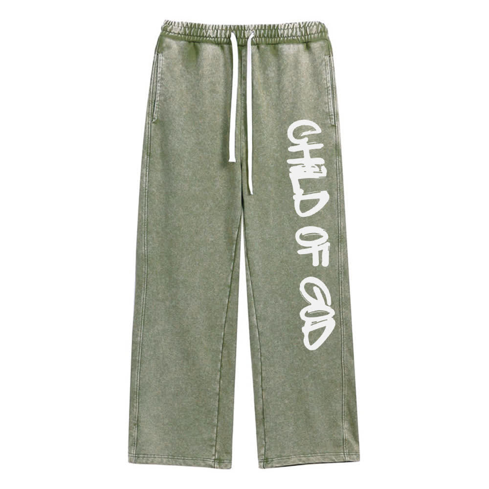 Christianartworkshop Pantalones deportivos lavados con la frase "Hijo de Dios" y grafiti - Verde militar - XL - image 6