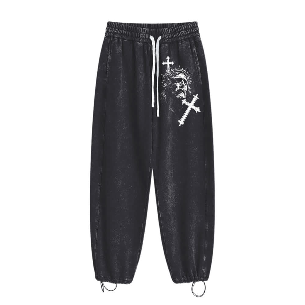 Christianartworkshop Pantalones deportivos lavados con estampado vintage de Jesús con corona de espinas y cruz. - image 1
