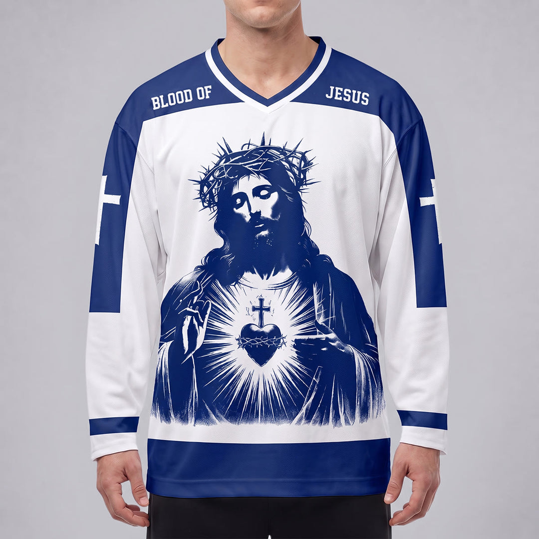 Camiseta de hockey de manga larga con la sangre del Sagrado Corazón de Jesús de Christianartworkshop  - image 1