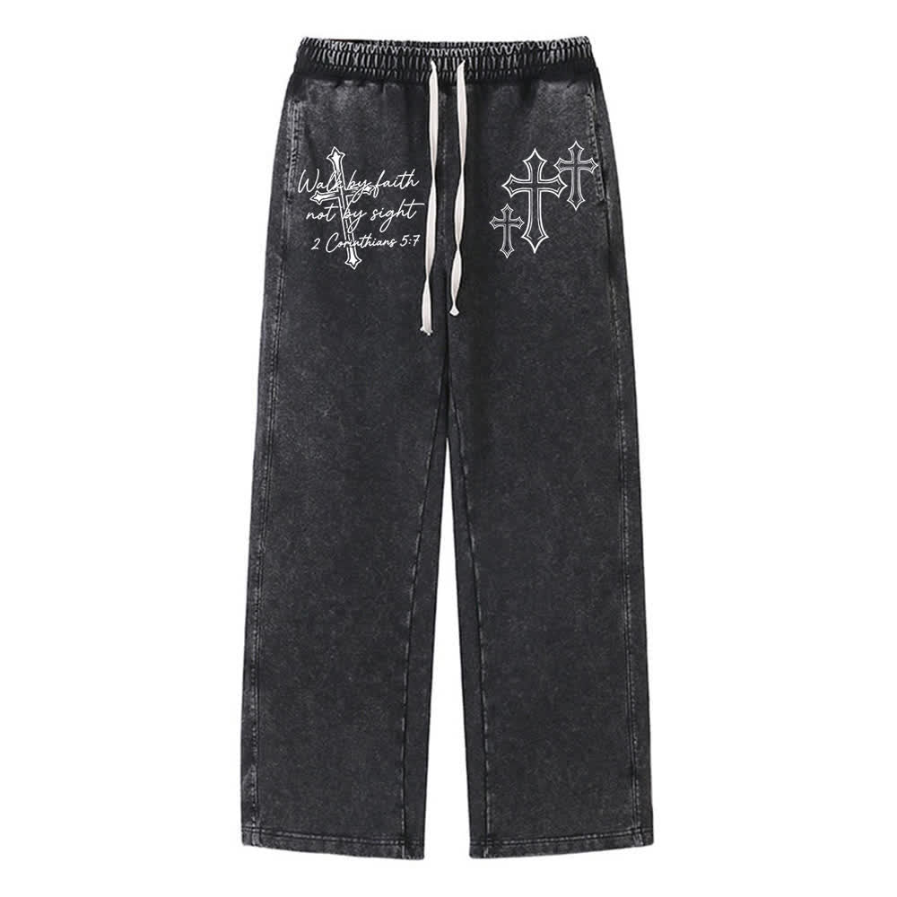 Christianartworkshop Escritura Caminar por fe Declaración de cruz ornamentada Pantalones deportivos lavados - Negro - XL - image 0