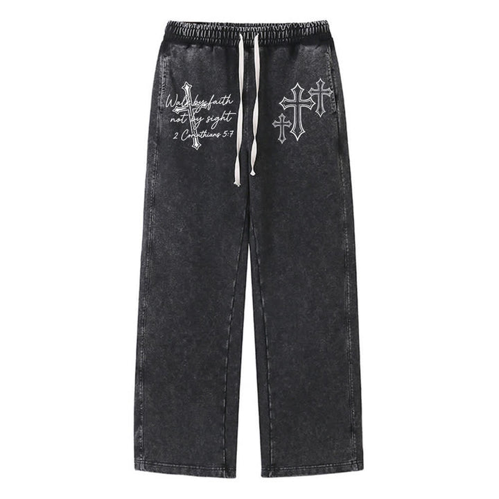 Christianartworkshop Escritura Caminar por fe Declaración de cruz ornamentada Pantalones deportivos lavados - Negro - XL - image 0