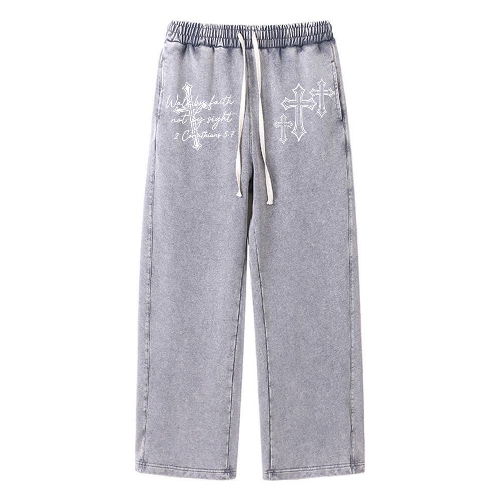 Christianartworkshop Escritura Caminar por fe Declaración de cruz ornamentada Pantalones deportivos lavados - Gris - XL - image 3