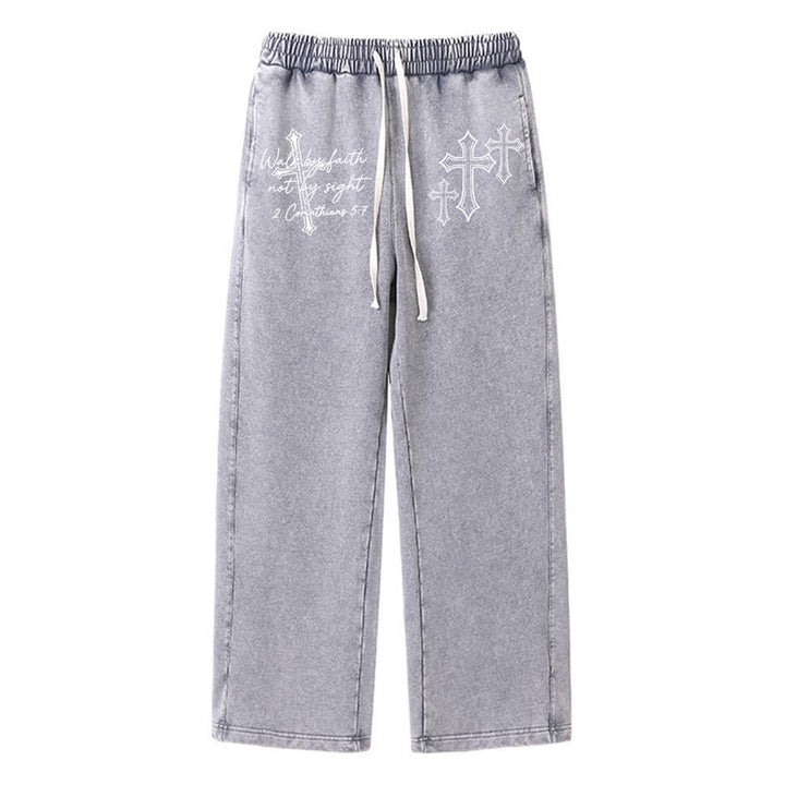 Christianartworkshop Escritura Caminar por fe Declaración de cruz ornamentada Pantalones deportivos lavados - Gris - XL - image 3