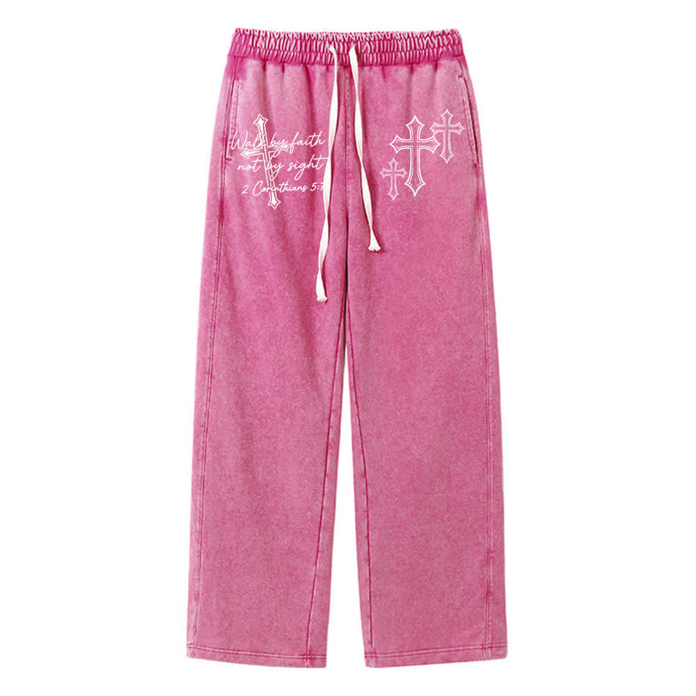 Christianartworkshop Escritura Caminar por fe Declaración de cruz ornamentada Pantalones deportivos lavados - Rosa - XL - image 12
