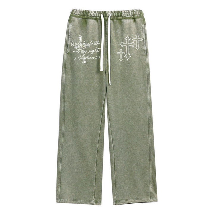 Christianartworkshop Escritura Caminar por fe Declaración de cruz ornamentada Pantalones deportivos lavados - Verde militar - XL - image 6