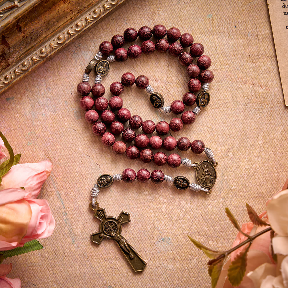 Christianartworkshop Rosario de Nuestra Señora de madera de palo morado con devoción de bronce. - image 1