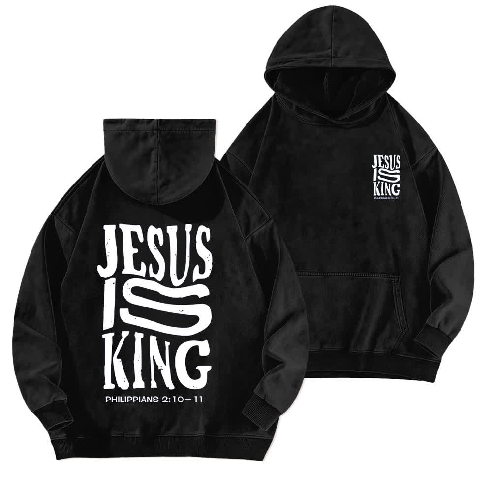 Christianartworkshop Sudadera con capucha lavada con estampado frontal y trasero de "Jesús es Rey" - Negro - 5XL - image 3