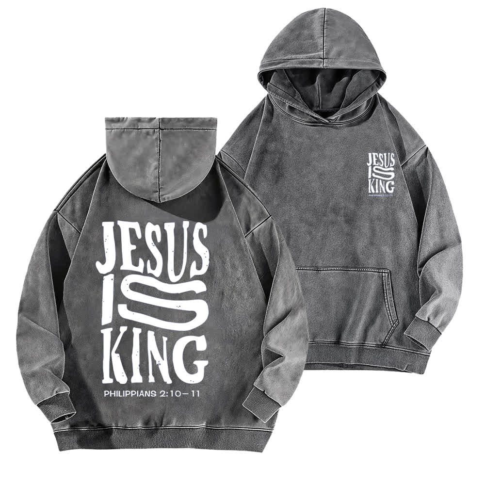 Christianartworkshop Sudadera con capucha lavada con estampado frontal y trasero de "Jesús es Rey" - Gris - 5XL - image 6