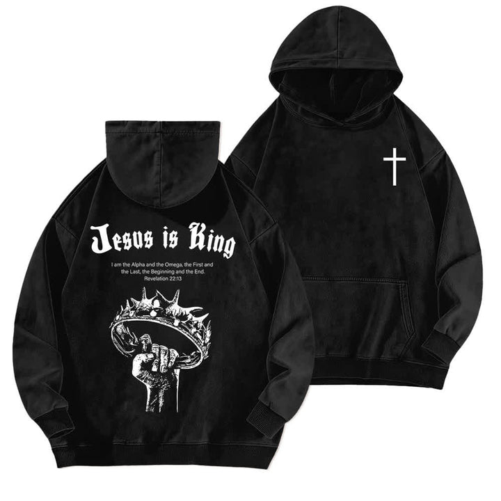 Christianartworkshop Sudadera con capucha lavada "Jesús es Rey Corona de Espinas" - Negro - 5XL - image 3