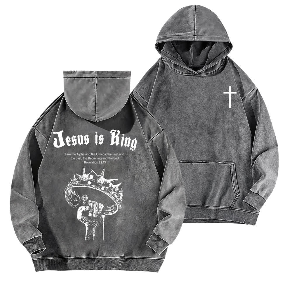 Christianartworkshop Sudadera con capucha lavada "Jesús es Rey Corona de Espinas" - Gris - 5XL - image 6