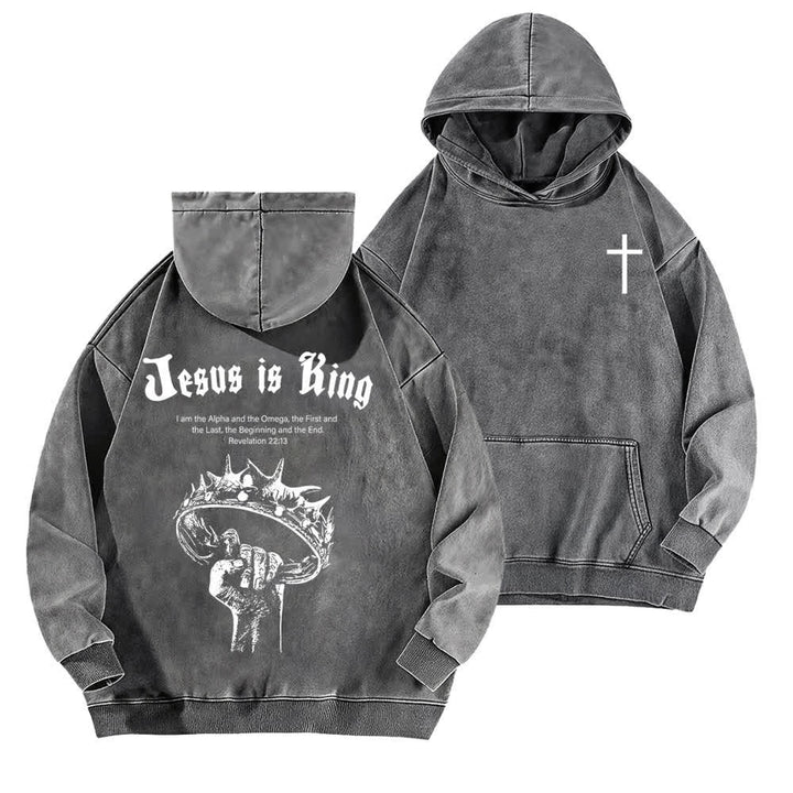 Christianartworkshop Sudadera con capucha lavada "Jesús es Rey Corona de Espinas" - Gris - 5XL - image 6