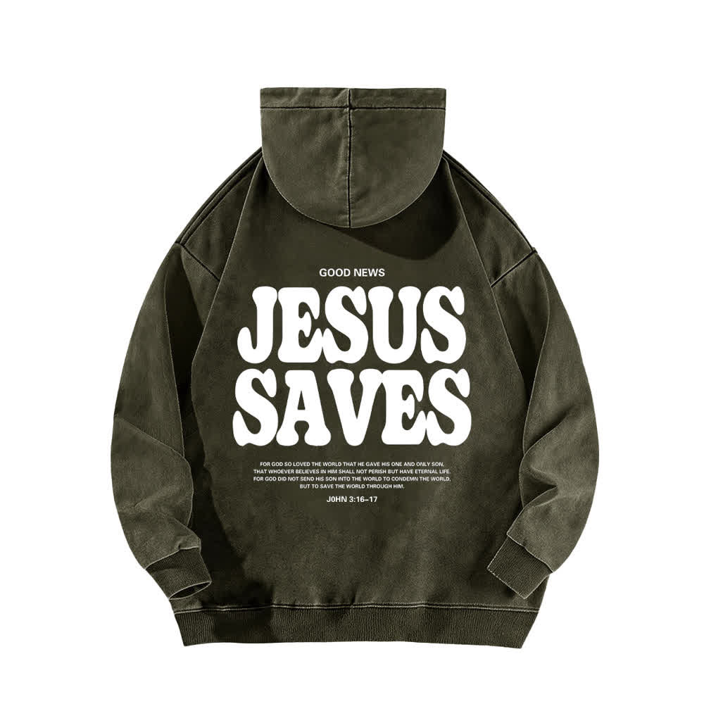 Christianartworkshop Sudadera con capucha lavada con el lema "Jesús salva, buenas noticias" por delante y por detrás. - image 7