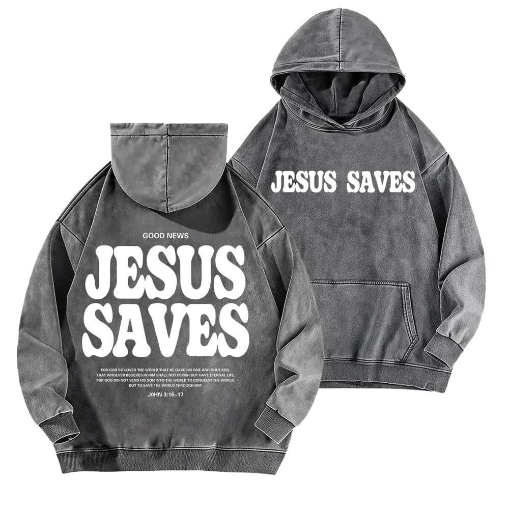 Christianartworkshop Sudadera con capucha lavada con el lema "Jesús salva, buenas noticias" por delante y por detrás. - Gris - 5XL - image 3