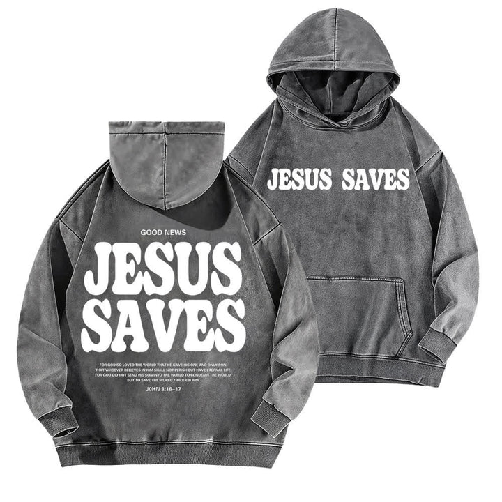 Christianartworkshop Sudadera con capucha lavada con el lema "Jesús salva, buenas noticias" por delante y por detrás. - Gris - 5XL - image 3