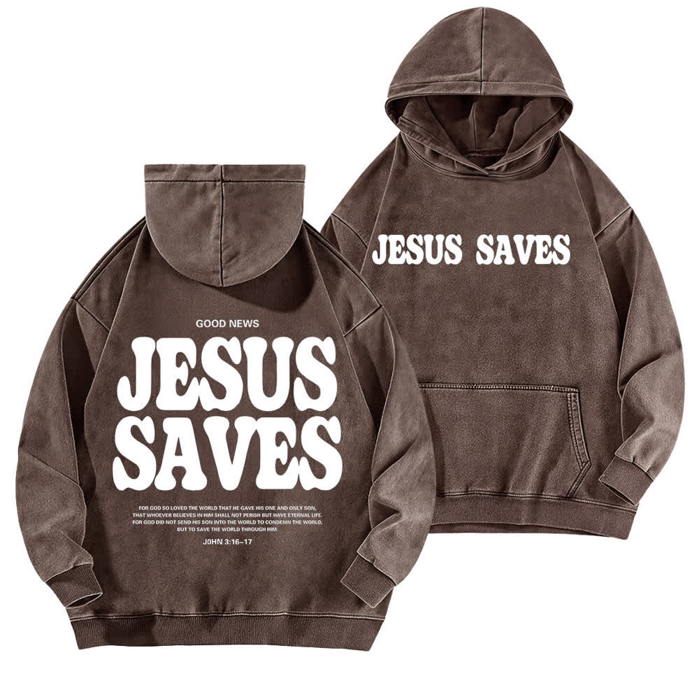 Christianartworkshop Sudadera con capucha lavada con el lema "Jesús salva, buenas noticias" por delante y por detrás. - Marrón - 5XL - image 9