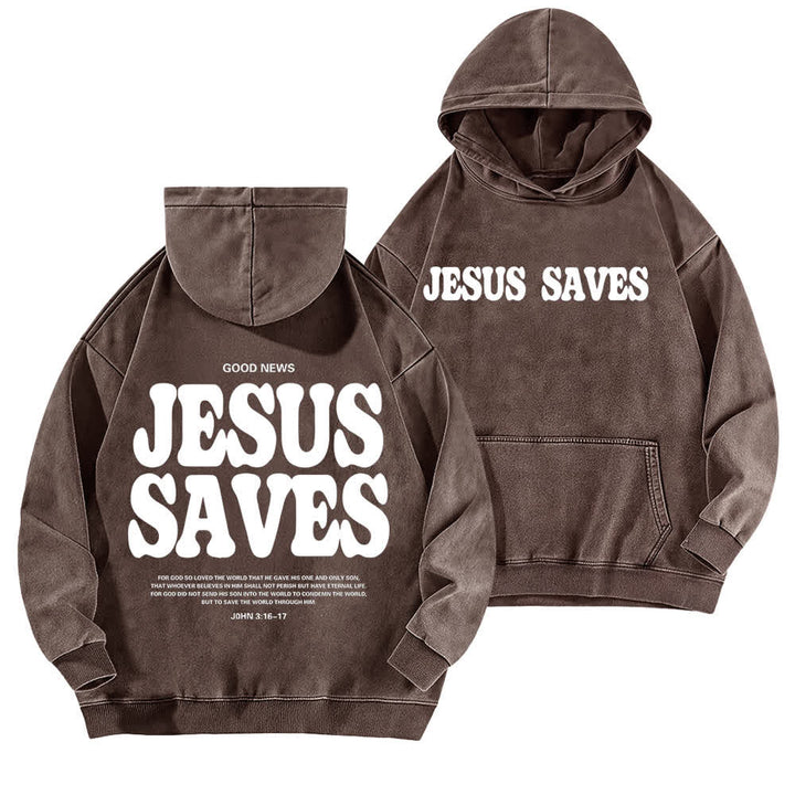 Christianartworkshop Sudadera con capucha lavada con el lema "Jesús salva, buenas noticias" por delante y por detrás. - Marrón - 5XL - image 9