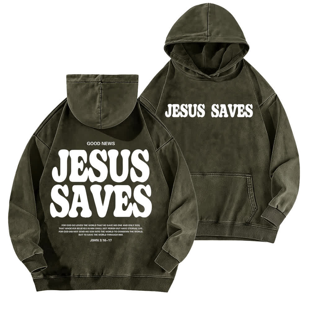 Christianartworkshop Sudadera con capucha lavada con el lema "Jesús salva, buenas noticias" por delante y por detrás. - Verde militar - 5XL - image 6