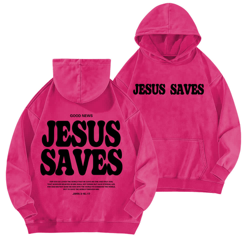 Christianartworkshop Sudadera con capucha lavada con el lema "Jesús salva, buenas noticias" por delante y por detrás. - Rosa - 5XL - image 15
