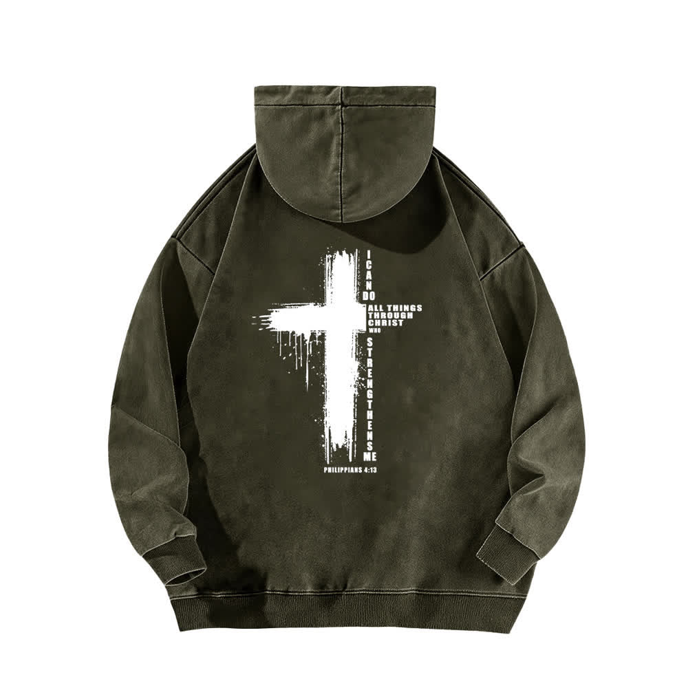 Christianartworkshop Sudadera con capucha lavada con cruz vintage Filipenses 4:13 por delante y por detrás - image 1