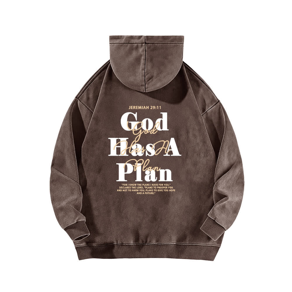 Christianartworkshop Sudadera con capucha vintage marrón desteñida con el lema "Dios tiene un plan" - image 1