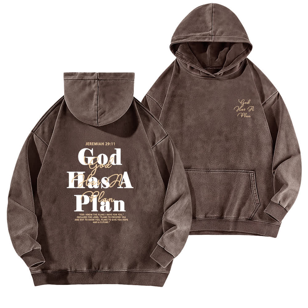 Christianartworkshop Sudadera con capucha vintage marrón desteñida con el lema "Dios tiene un plan" - Marrón - 5XL - image 0