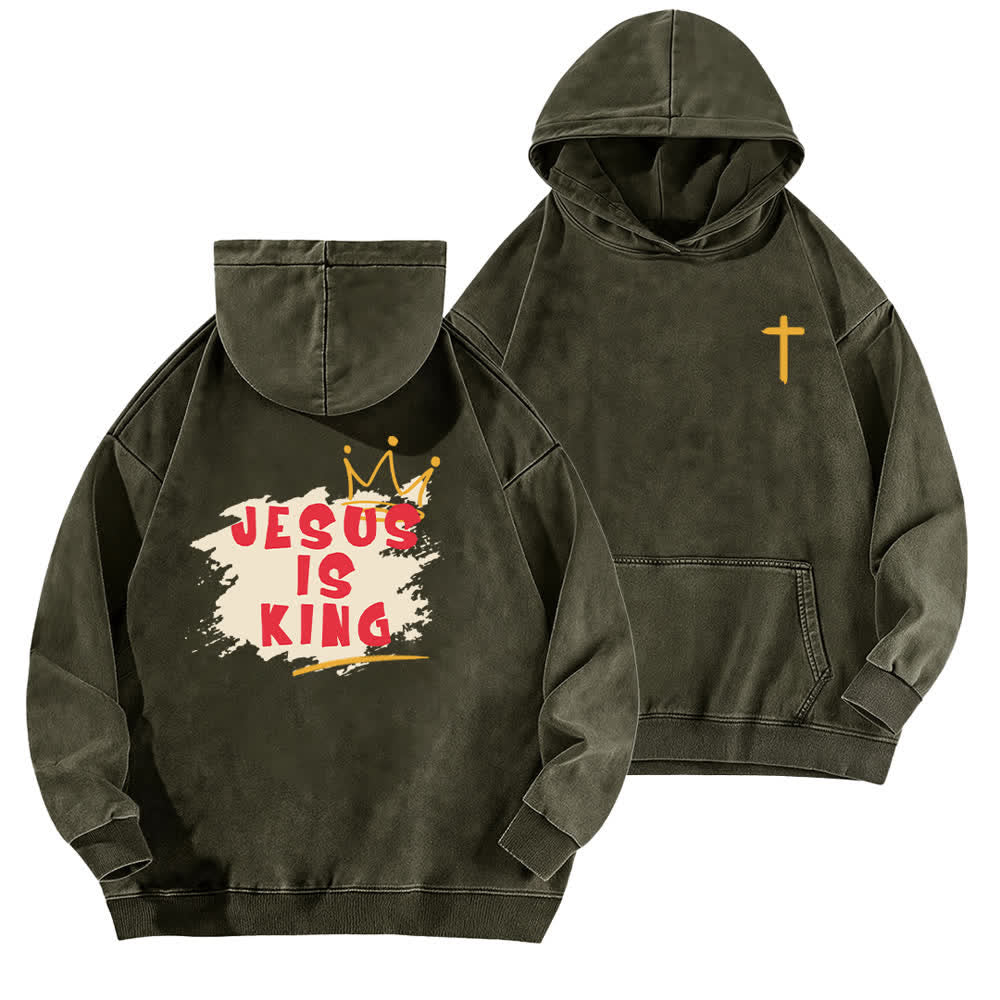 Christianartworkshop Sudadera con capucha lavada con estampado de la corona de Jesús como rey - Verde militar - 5XL - image 6