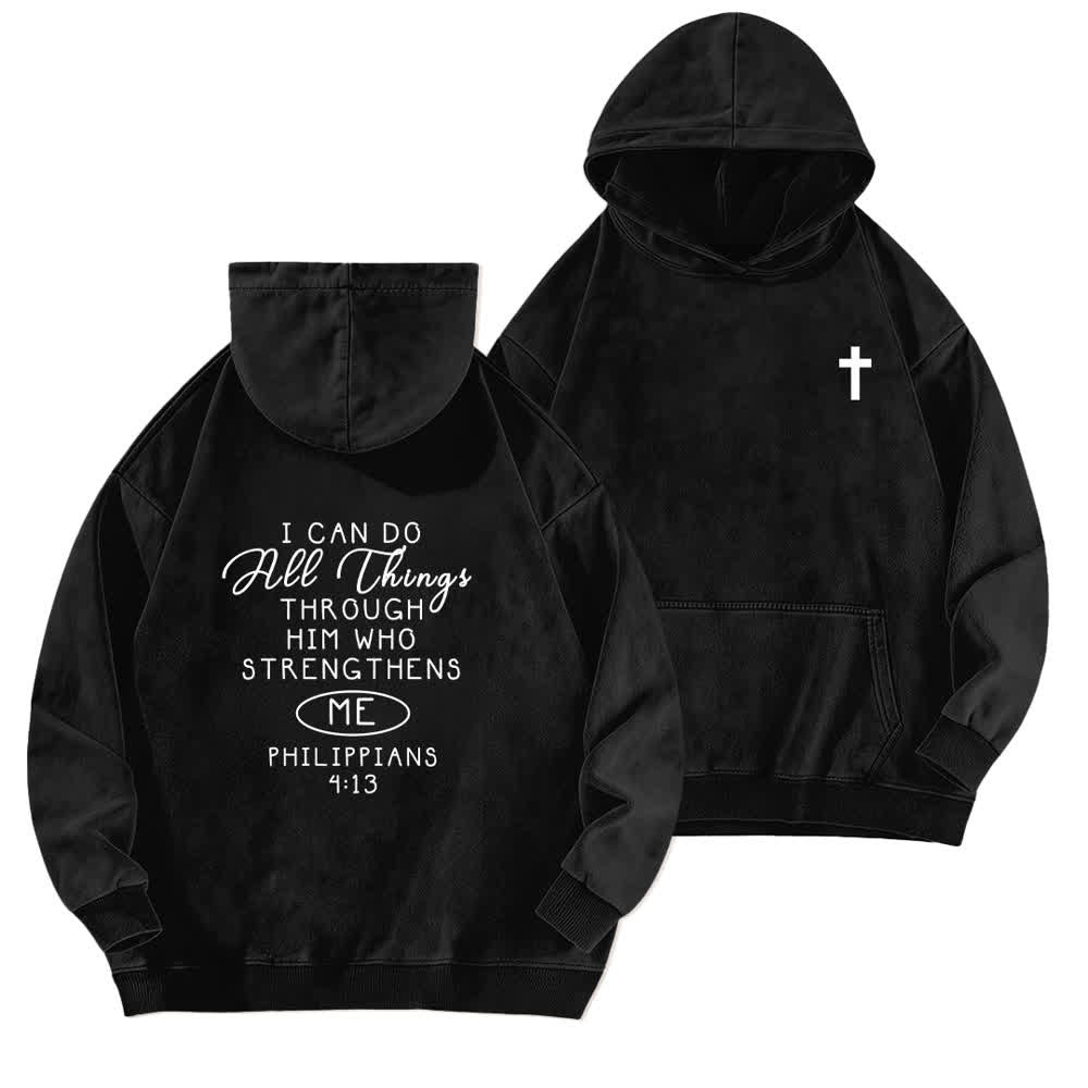 Christianartworkshop Sudadera con capucha lavada con diseño cruzado "Puedo hacer todas las cosas" - Negro - 5XL - image 0