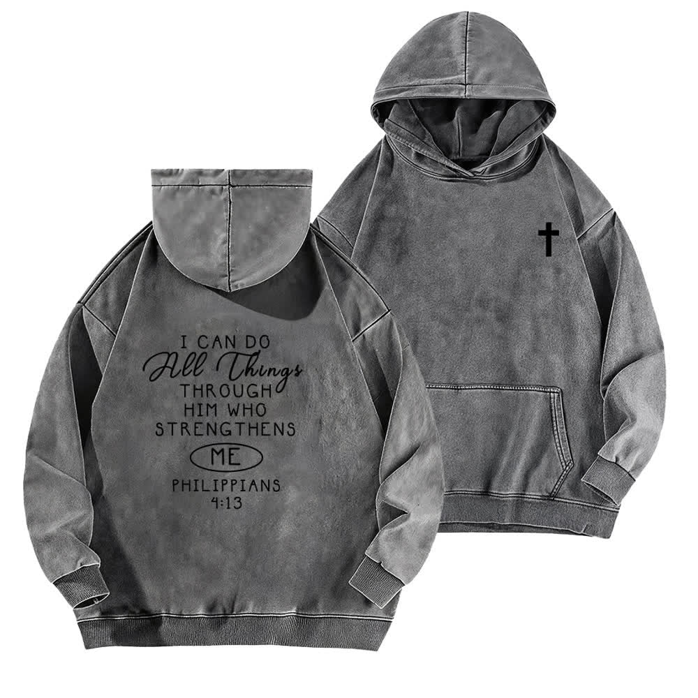 Christianartworkshop Sudadera con capucha lavada con diseño cruzado "Puedo hacer todas las cosas" - Gris - 5XL - image 6
