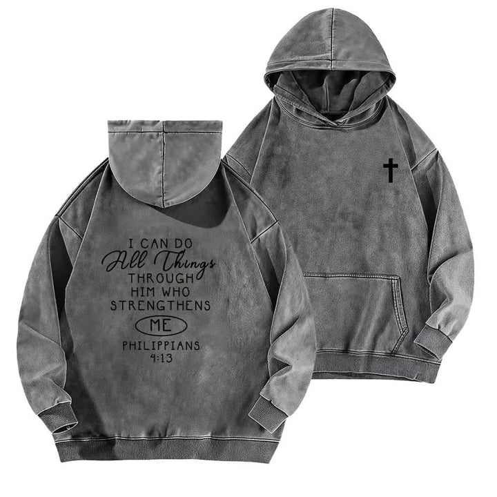 Christianartworkshop Sudadera con capucha lavada con diseño cruzado "Puedo hacer todas las cosas" - Gris - 5XL - image 6