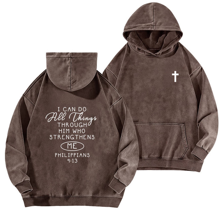 Christianartworkshop Sudadera con capucha lavada con diseño cruzado "Puedo hacer todas las cosas" - Marrón - 5XL - image 12