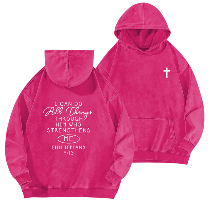 Christianartworkshop Sudadera con capucha lavada con diseño cruzado "Puedo hacer todas las cosas" - Rosa - 5XL - image 15