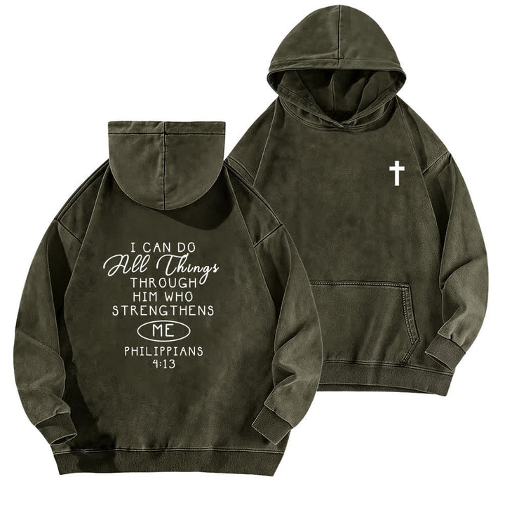 Christianartworkshop Sudadera con capucha lavada con diseño cruzado "Puedo hacer todas las cosas" - Verde militar - 5XL - image 9