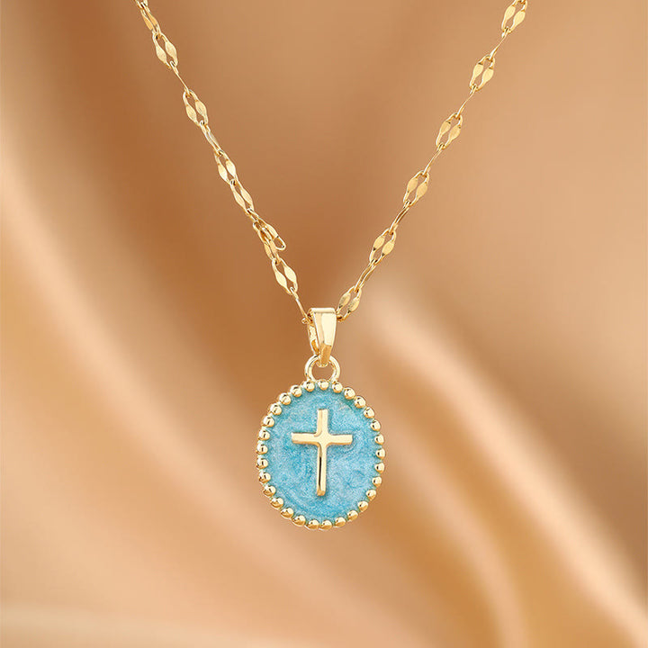 Christianartworkshop Collar ovalado con cruz de esmalte y bisel texturizado: símbolo de calma y serenidad celestial. - Azul - image 9