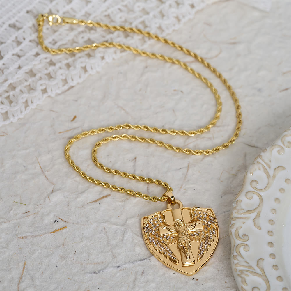 Christianartworkshop Collar con colgante de crucifijo y escudo de piedra brillante: símbolo de consuelo divino. - image 2