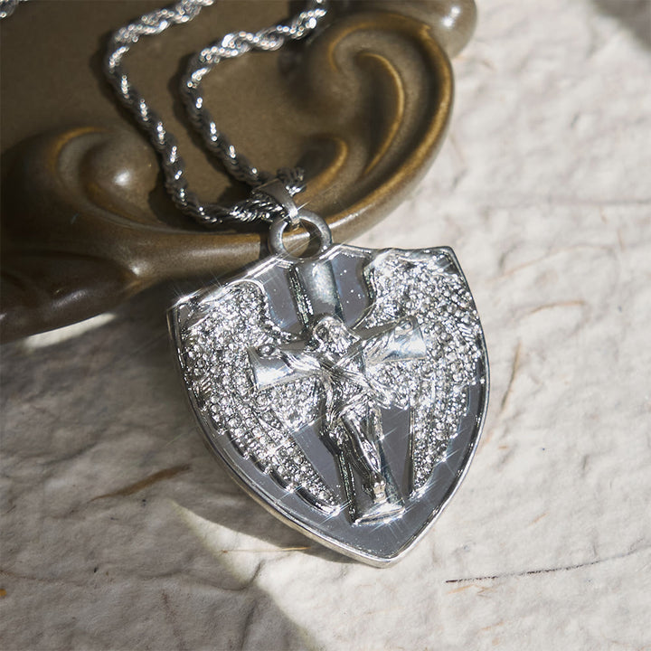 Christianartworkshop Collar con colgante de crucifijo y escudo de piedra brillante: símbolo de consuelo divino. - Plata - image 3