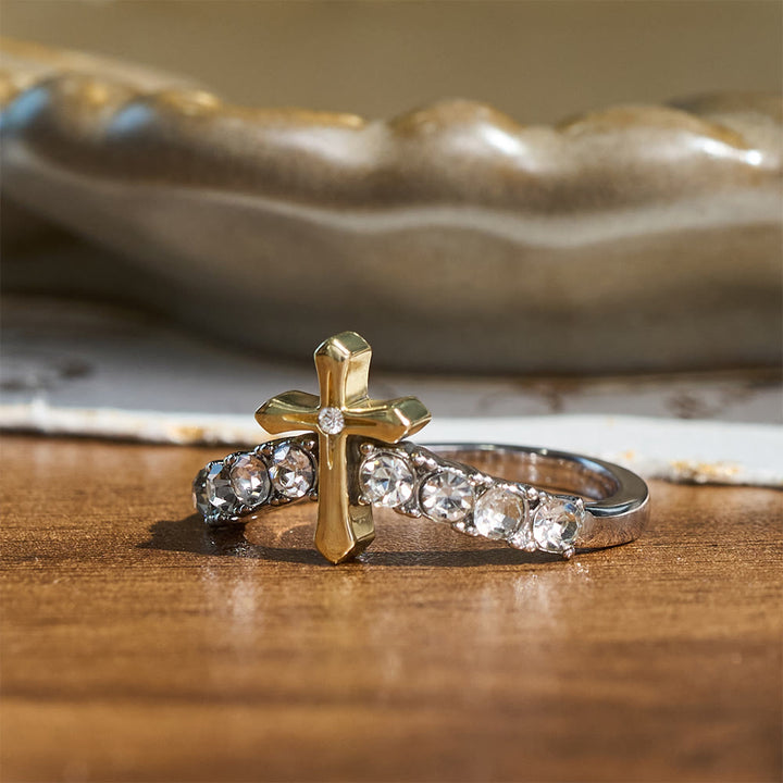 Christianartworkshop Anillo con cruz en relieve y forma de V adornada con joyas: símbolo de bendición celestial. - image 4