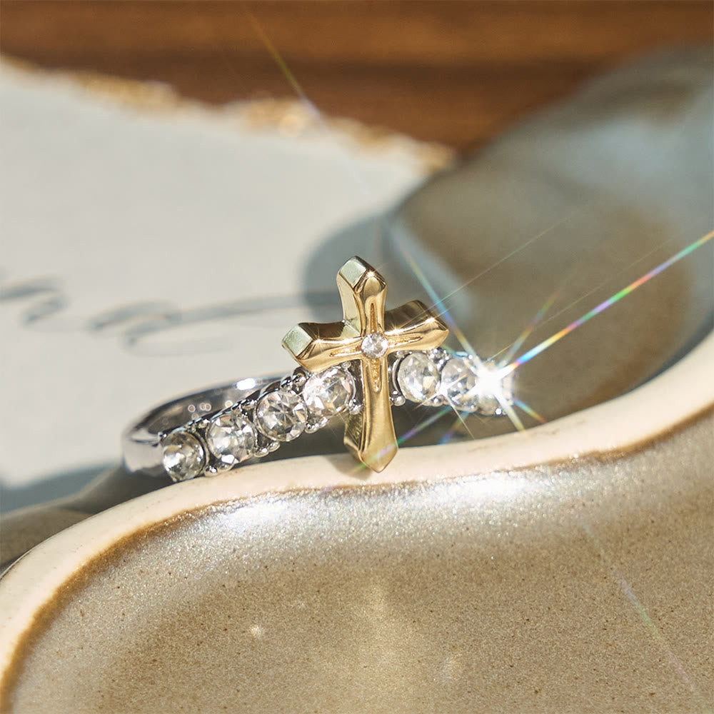 Christianartworkshop Anillo con cruz en relieve y forma de V adornada con joyas: símbolo de bendición celestial. - US 11 - image 0