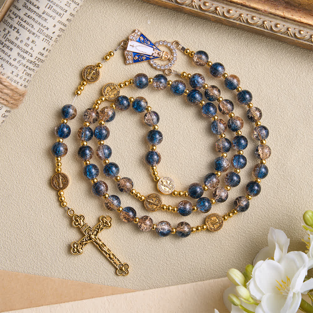 Christianartworkshop Rosario antiguo de cuentas de cristal azul champán radiante con la imagen de Nuestra Señora de Aparecida y un crucifijo detallado. - image 2