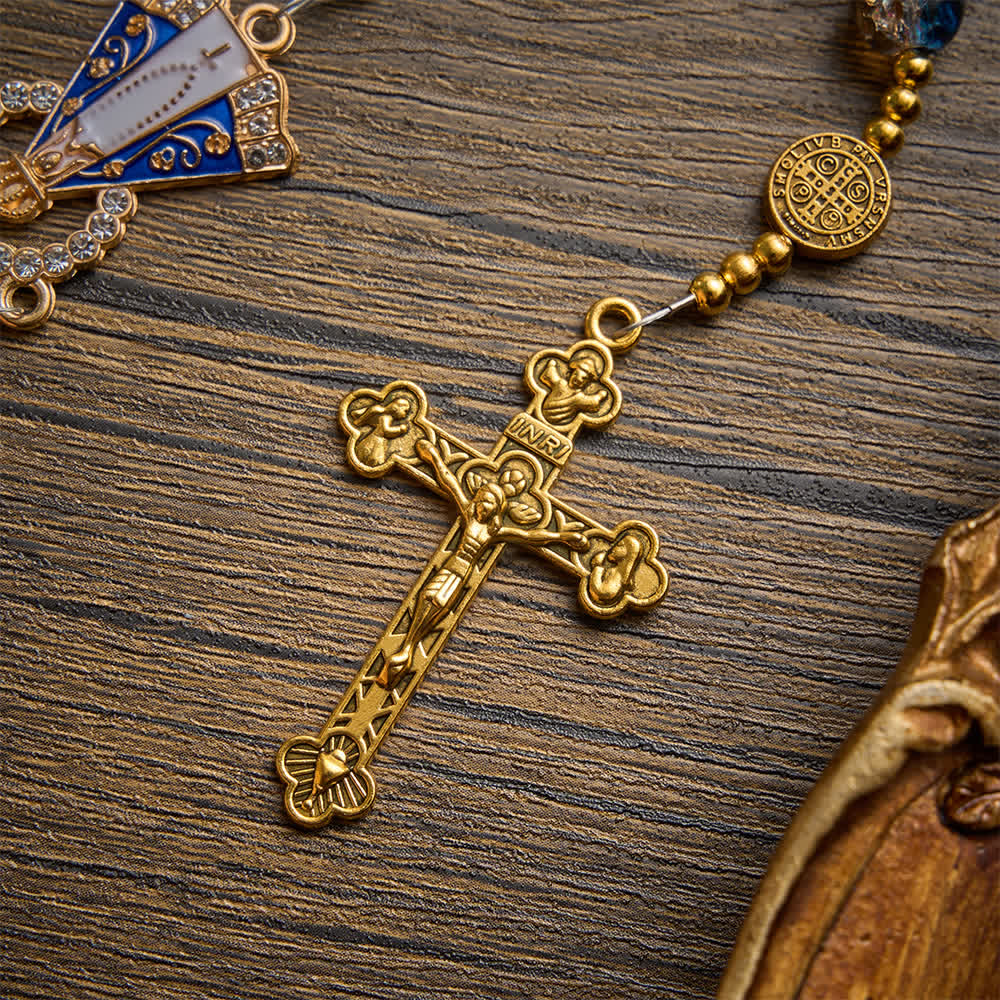 Christianartworkshop Rosario antiguo de cuentas de cristal azul champán radiante con la imagen de Nuestra Señora de Aparecida y un crucifijo detallado. - image 8