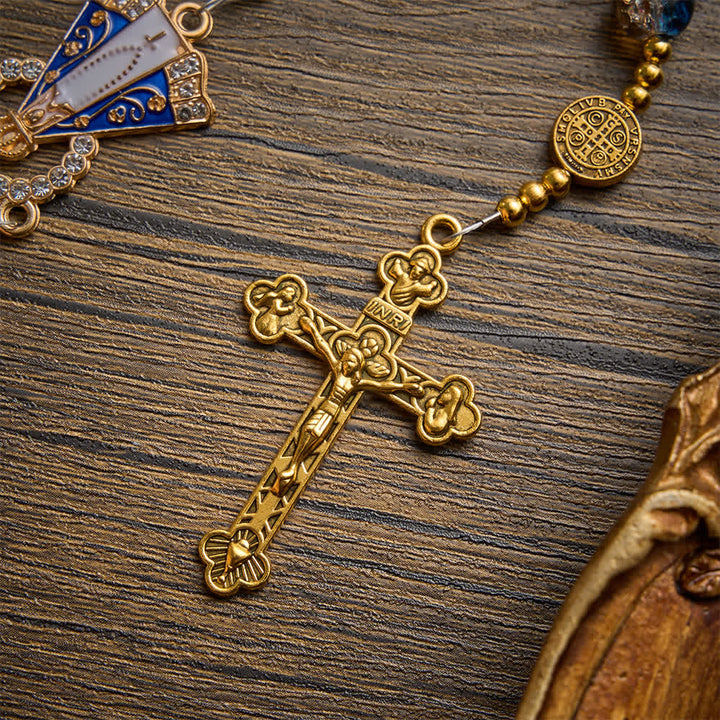 Christianartworkshop Rosario antiguo de cuentas de cristal azul champán radiante con la imagen de Nuestra Señora de Aparecida y un crucifijo detallado. - image 8