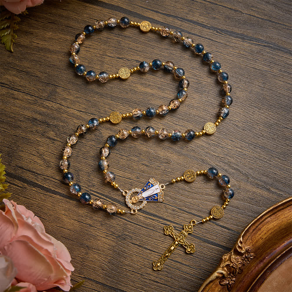 Christianartworkshop Rosario antiguo de cuentas de cristal azul champán radiante con la imagen de Nuestra Señora de Aparecida y un crucifijo detallado. - image 4