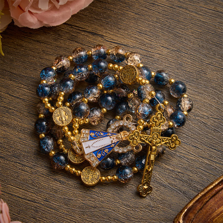 Christianartworkshop Rosario antiguo de cuentas de cristal azul champán radiante con la imagen de Nuestra Señora de Aparecida y un crucifijo detallado. - image 5